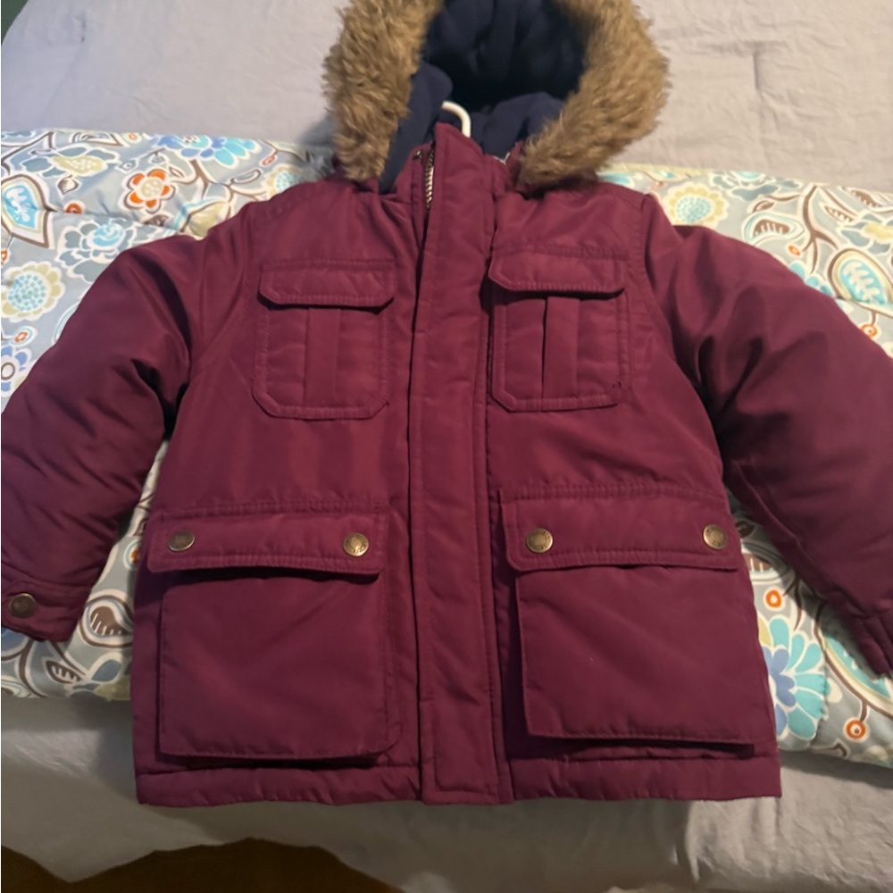 Carter's Burgundy Puffer Jacket with Faux Fur Hood